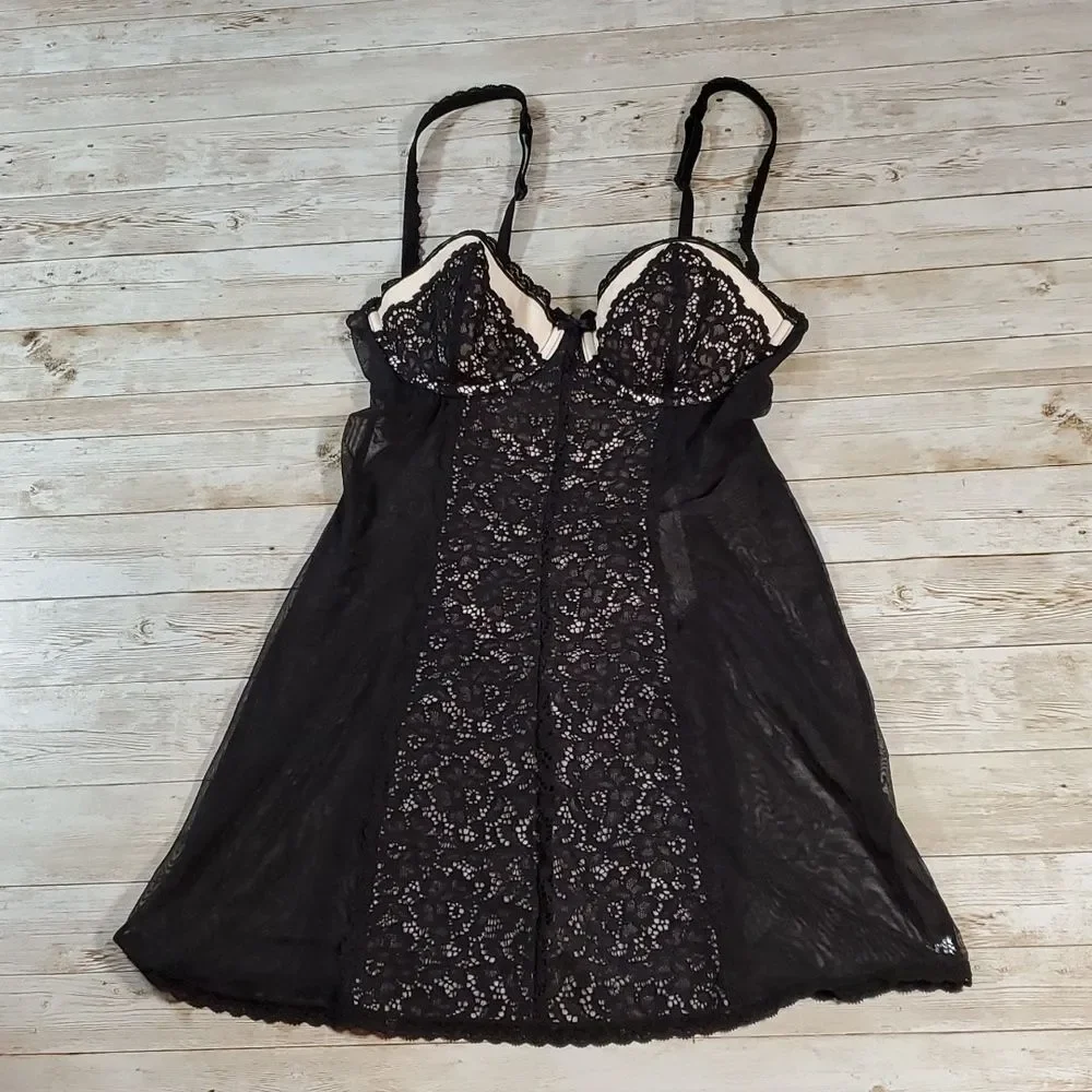 Y2K VINTAGE Victoria's Secret Sheer  Black Beige Slip Dress Keyhole Back 34B‎